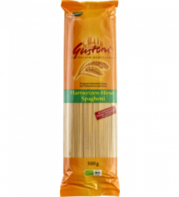 Hartweizen-Hirse-Spaghetti, hell, vegan, 500 gr Packung, Gustoni