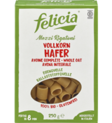 Vollkorn Hafer Mezzi Rigatoni, glutenfrei, vegan, 250 gr Packung, Felicia