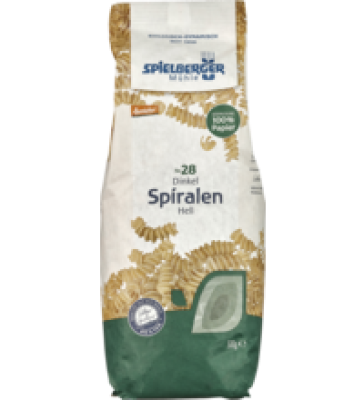 Dinkel-Spiralen, hell, vegan, 500 gr Packung, Spielberger