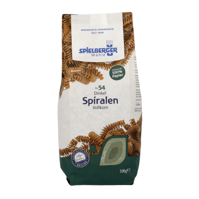 Dinkel Vollkorn Spiralen, vegan, 500 gr Packung, Spielberger