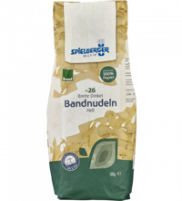 Breite Dinkel-Bandnudeln, hell, vegan, 500 gr Packung, Spielberger