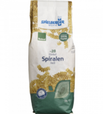 Dinkel-Spiralen, hell, vegan, 500 gr Packung, Spielberger
