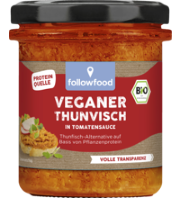 Veganer ThunVisch in Tomatensauce, 180 gr Glas, followfood