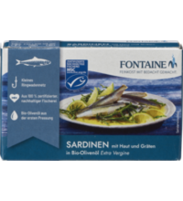 Sardinen, mit Haut und Gräten, in Bio-Olivenöl, 120 gr Dose, Fontaine