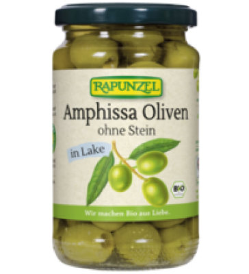 Amphissa Oliven, ohne Stein, in Lake, vegan, 315 gr Glas (Abtropfgewicht: 170 gr), Rapunzel
