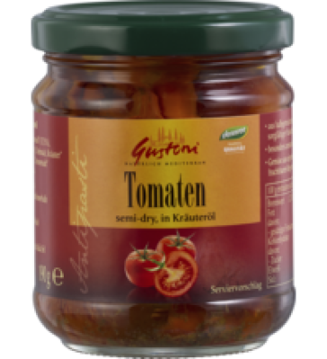 Tomaten, halbgetrocknet, in Kräuteröl, vegan, 190 gr Glas (Abtropfgewicht 110 gr), Gustoni