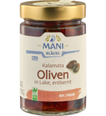 Kalamata Oliven, in Lake, entkernt, vegan, 280 gr Glas (Abtropfgewicht 150 gr), Mani