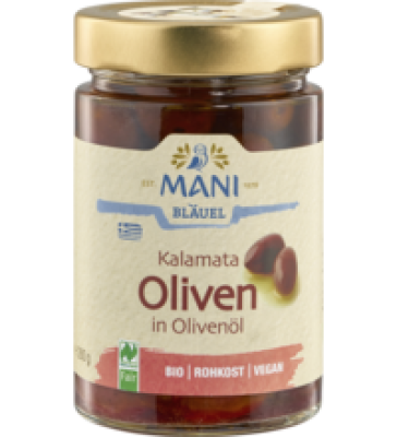 Kalamata Oliven in Olivenöl, vegan, 280 gr Glas (Abtropfgewicht: 180 gr), Mani