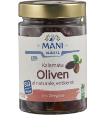 Kalamata Oliven al Naturale, entkernt, vegan, 175 gr Glas, Mani