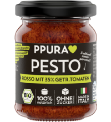 Pesto Rosso mit 35% getr. Tomaten, 120 gr Glas, PPURA