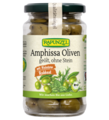 Amphissa Oliven mit Kräutern, geölt, ohne Stein, vegan, 170 gr Glas, Rapunzel