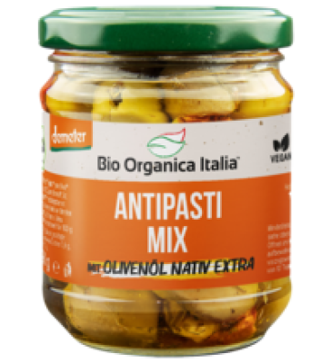 Gegrillte Antipasti Mix in Olivenöl, vegan, 190 gr Glas, Bio Organica Italia