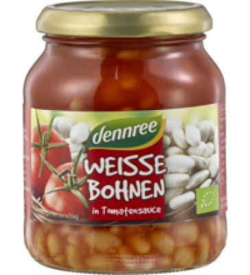 Weiße Bohnen in Tomatensauce, 350 gr Glas, dennree