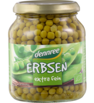 Erbsen extra fein, vegan, 350 gr Glas, dennree