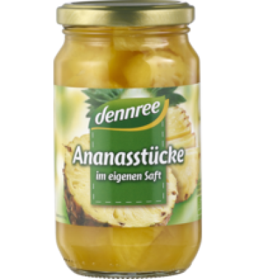 Ananasstücke im eigenen Saft, vegan, 350 gr Glas (Abtropfgewicht: 200 gr), dennree