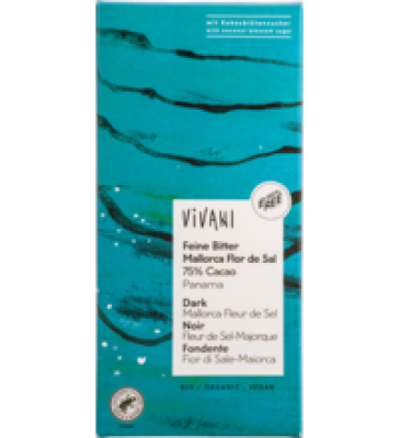 Feine Bitter Mallorca Flor de Sal Schokolade mit 75% Kakao, vegan, 80 gr Tafel, Vivani