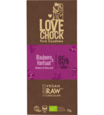Blaubeere & Hanfsaat RAW Schokolade mit 85% Kakao, vegan, 70 gr Tafel, Lovechock