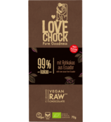 Extreme Dark RAW Schokolade mit 99% Kakao, vegan, 70 gr Tafel, Lovechock