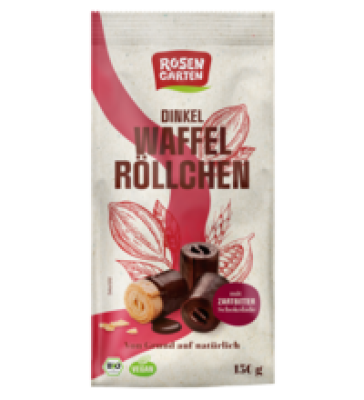Dinkel-Waffelröllchen Zartbitter, 150 g Packung, Rosengarten