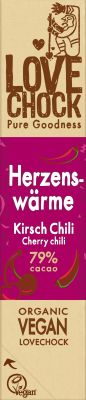 Schokoriegel „Herzenswärme” (Kirsch & Chili) mit 79% Kakao, vegan, 40 gr Stück, Lovechock