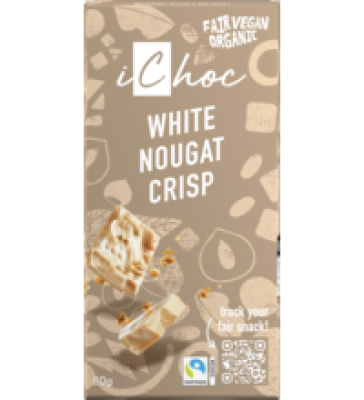 White Nougat Crisp Schokolade, vegan, 80 gr Tafel, iChoc