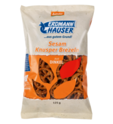 Dinkel-Knusperbrezeln mit Sesam, 125 gr Packung, ErdmannHAUSER Getreideprodukte