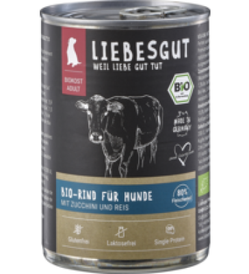Hunde Nassfutter Rind mit Zucchini & Reis, 400 gr Dose, Liebesgut
