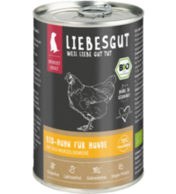Hunde Nassfutter Huhn mit Wurzelgemüse, 400 gr Dose, Liebesgut