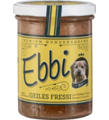 Hundefutter „Ebbi” Geiles Fressi, 400 gr Glas, Wuff & Mau Heimtiernahrung