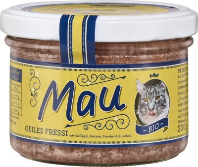 Katzenfutter „Mau” Geiles Fressi, 200 gr Glas, Wuff & Mau Heimtiernahrung