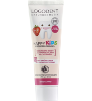Happy Kids Erdbeer Zahngel, fluoridfrei, 50 ml Tube, Logodent