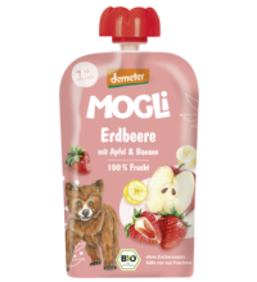 Fruchtsnack Erdbeere mit Apfel & Banane, vegan, 100 gr Quetschbeutel, Mogli