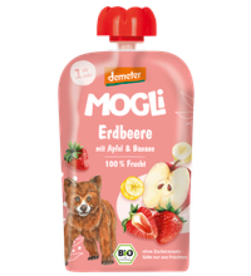 Fruchtsnack Erdbeere mit Apfel & Banane, vegan, 100 gr Quetschbeutel, Mogli