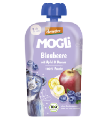 Fruchtsnack Blaubeere mit Apfel & Banane, vegan, 100 gr Quetschbeutel, Mogli