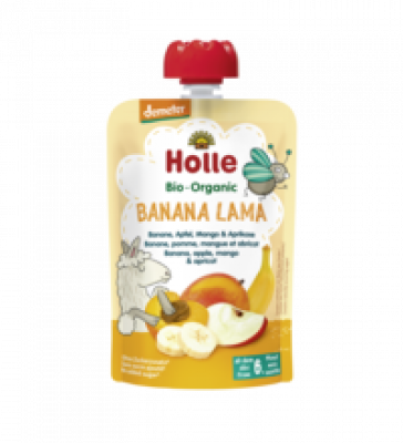 Fruchtsnack „Banana Lama” - Banane, Apfel, Mango & Aprikose, vegan, 100 gr Quetschbeutel, Holle