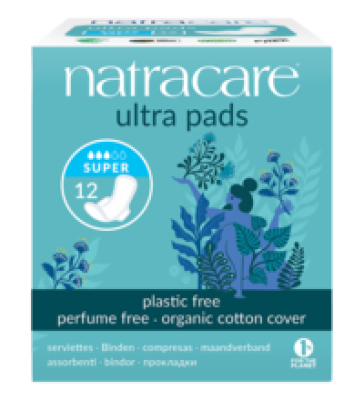 Ultra Super Damenbinden, mit Flügeln, vegan, 12 Stück Packung, Natracare