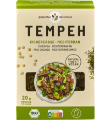 Kichererbsen-Tempeh mediterran, vegan, 200 gr Packung, peaceful delicious