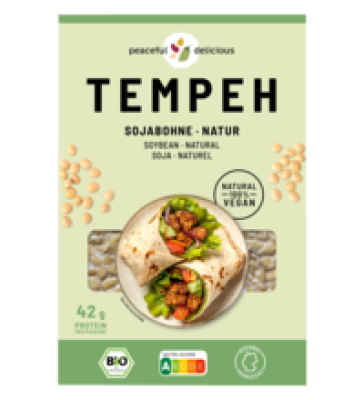 Sojabohnen-Tempeh natur, vegan, 200 gr Packung, peaceful delicious