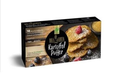Die Guten Kartoffelpuffer, vegan, 600 gr Schachtel (10 Stück), Tiefkühlware, bio mit gesicht