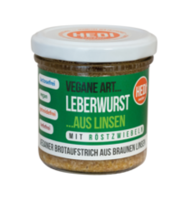 Veganer Aufstrich Leberwurst mit Röstzwiebeln (aus Linsen), 140 gr Glas, HEDI