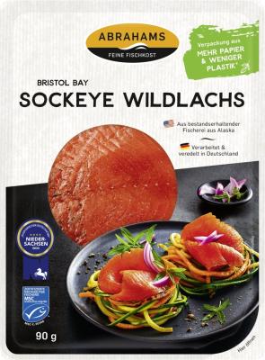 Sockeye Wildlachs, geräuchert, 90 gr Packung, Abrahams Räucherei