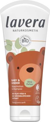 Baby & Kinder Waschlotion & Shampoo, parfumfrei, vegan, 200 ml Tube, lavera