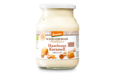 Saisonjoghurt mild Haselnuss Karamell, 3,5% Fett, 500 gr Glas, Schrozberger Milchbauern
